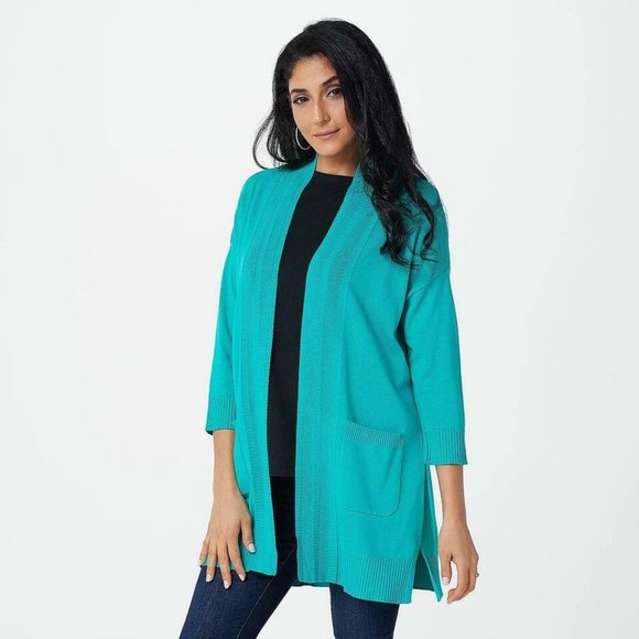 NWT ISAAC MIZRAHI DROP SHOULDER OPEN SWEATER CARDIGAN PEACOCK BLUE XXS - Picture 1 of 7